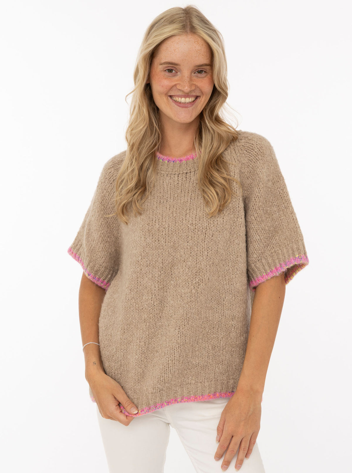 Strickshirt Wollmix Halbarm "Neon Kante"