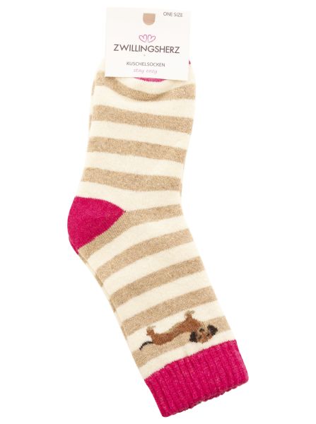 Kuschelsocken Wollmix "Dackel & Streifen"